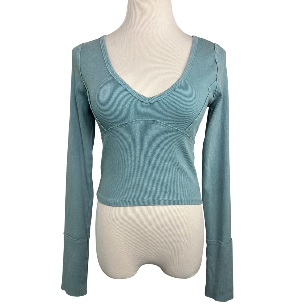 We The Free Free People Ribbed V-Neck Long Sleeve Top Blue Medium OB1803847